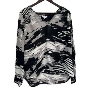 NWT Parker Black Grey 100% Silk V- Neck Pullover Blouse Top Size Large